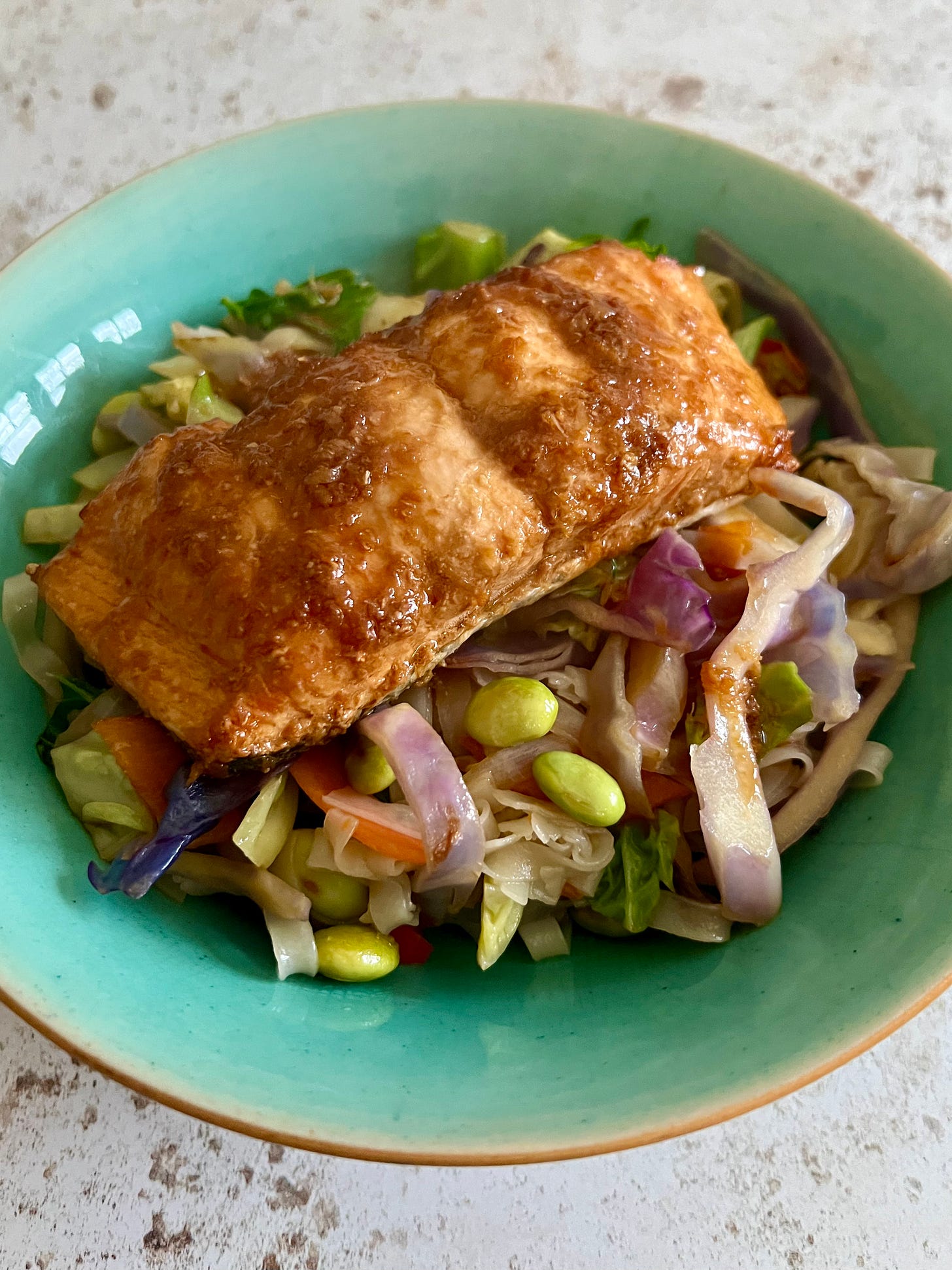 Soy baked salmon on bed of noodles and stir fried veg