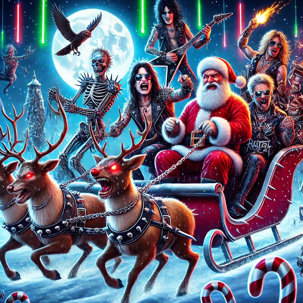 A wild, chaotic Christmas scene featuring iconic rockers Billy Idol, Ozzy Osbourne, Nikki Sixx, Flava Flav, Buckethead, Corey Feldman, and Travis Barker. They are riding in a sleigh made of chrome and spikes, pulled by reindeer with glowing red eyes and chains instead of reins. Santa is in the back, rocking out, while Rudolph is in the front, looking disheveled with a glowing red nose, doing lines of snow. The sky is dark with neon streaks, and the sleigh is flying over a snowy landscape lit by Christmas lights. The whole scene has a heavy metal aesthetic with flames, guitars, and candy canes shaped like weapons, all set to a background of a nightmarish, yet festive North Pole.