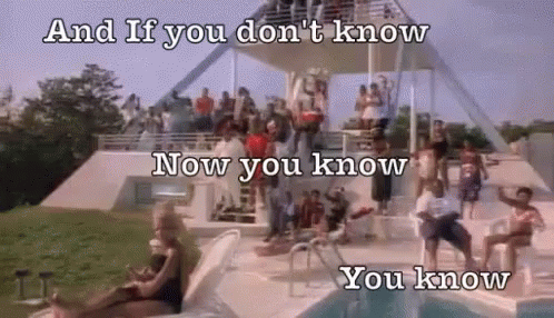 a group of people are sitting around a swimming pool with the words " and if you don 't know now you know you know "