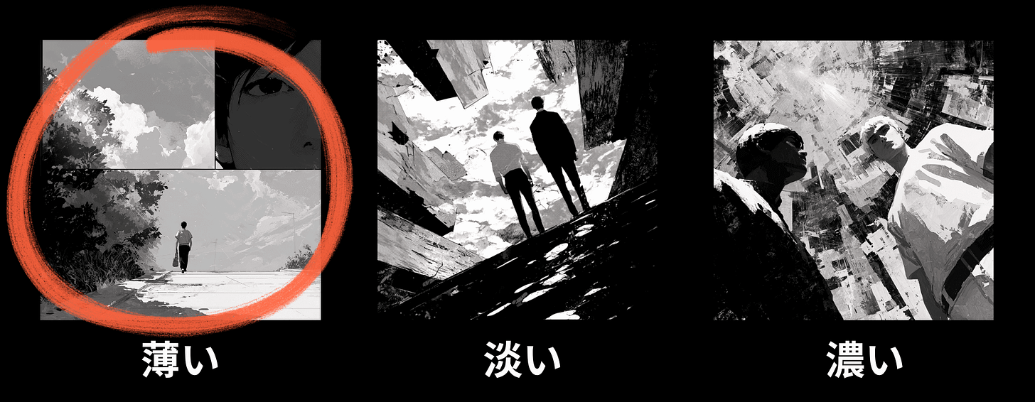 Visual intensity meter for the "View" category in the Graphic Review of the manga “Fish and Water.” This image represents the usui level, signaling the lowest point or low intensity/depth for this category. Visual intensity meter for the "View" category in the Graphic Review of the manga “Fish and Water.” This image represents the usui level, signaling the lowest point or low intensity/depth for this category.