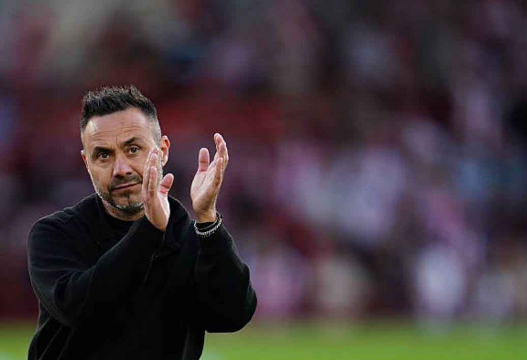 Roberto De Zerbi, manager of Tottenham Hotspur, is pictured during the Premier League match between Brentford and Tottenham Hotspur at Gtech Community Stadium in London, United Kingdom, on August 22, 2026. (Photo by Harvey Murphy/News Images/NurPhoto via Getty Images)