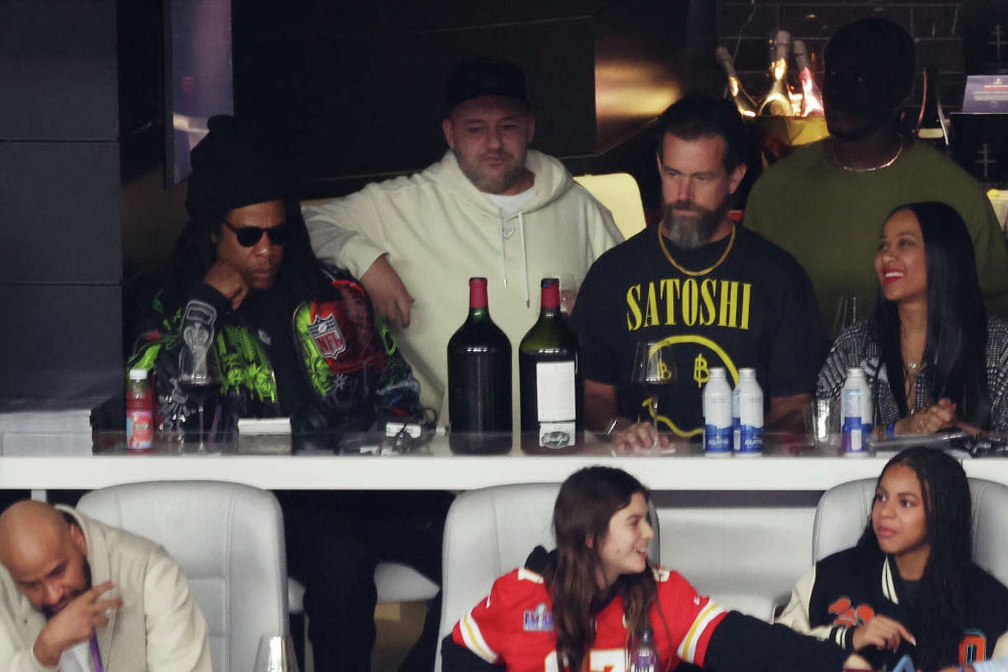 Jack Dorsey, outfit repeater, seen in Super Bowl suite with Beyonce