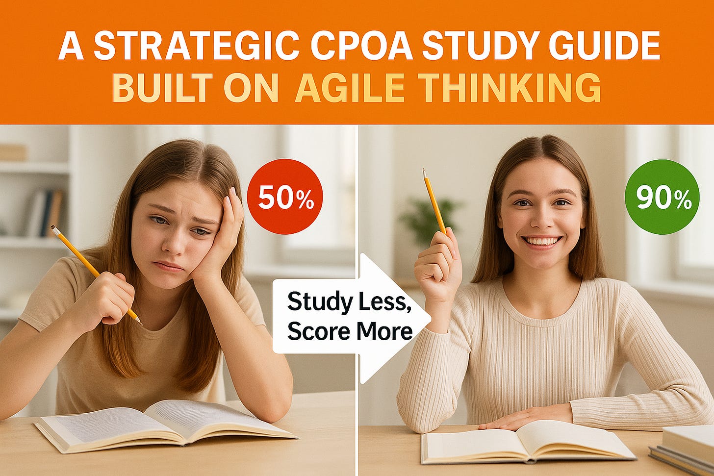 A split-image showing a frustrated student scoring 50% and a happy student scoring 90%, promoting a strategic CPOA study guide built on agile thinking with the message "Study Less, Score More."