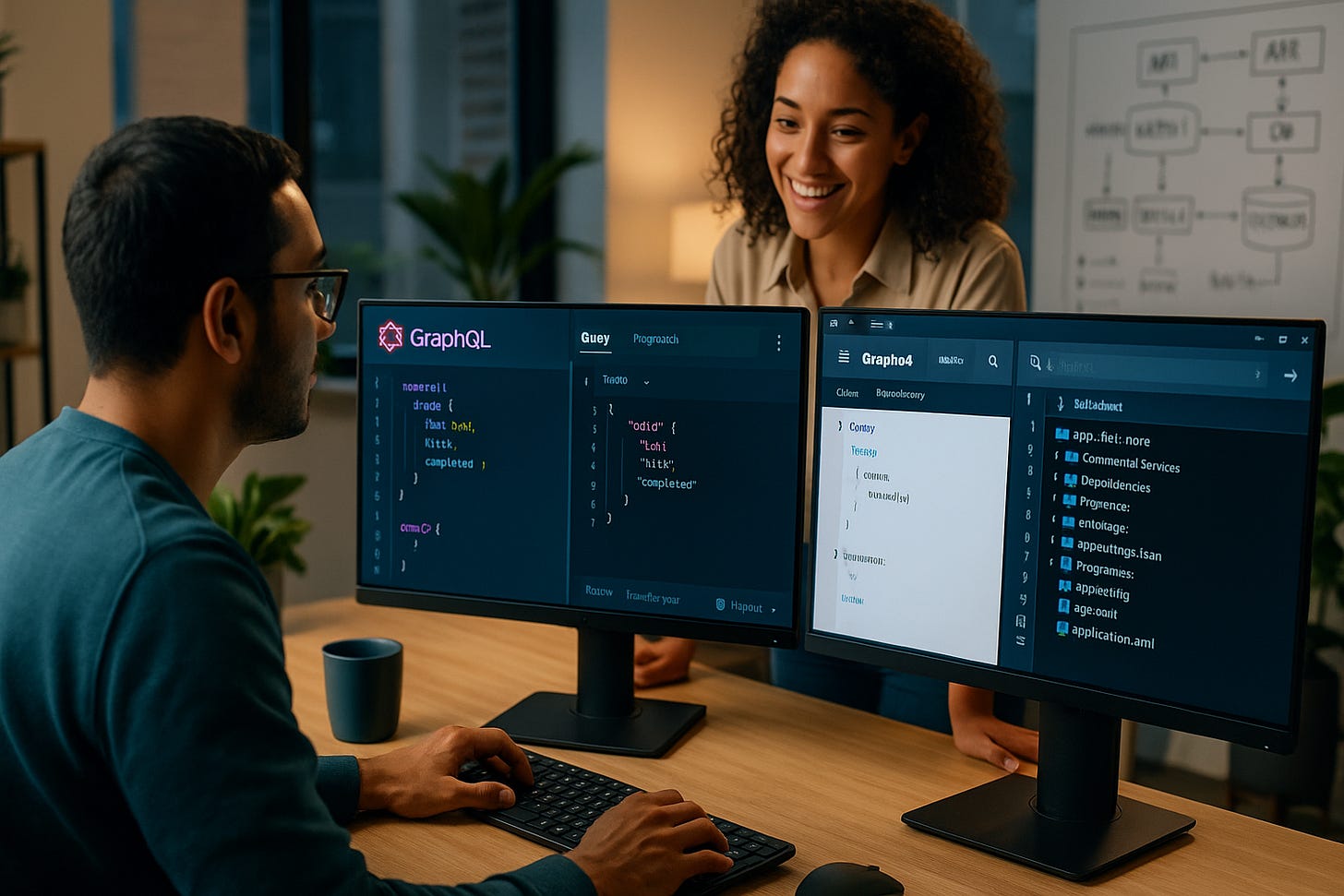 Two developers collaborate on GraphQL queries at a dual-monitor workstation in a modern office. 