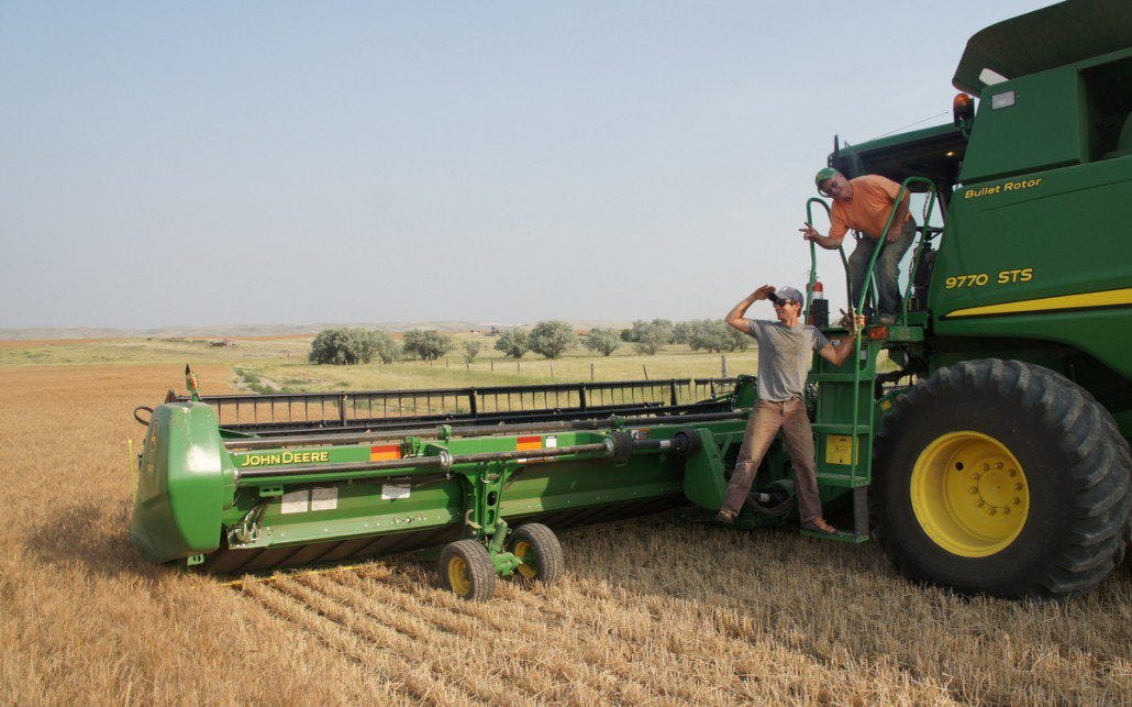 Our hosts on a farm near Ft. Benton (headwaters of the Missouri River), Casey and his dad Bob, hanging out on the combine. We had a fantastic two days exploring their big wheat and cattle operation with them.