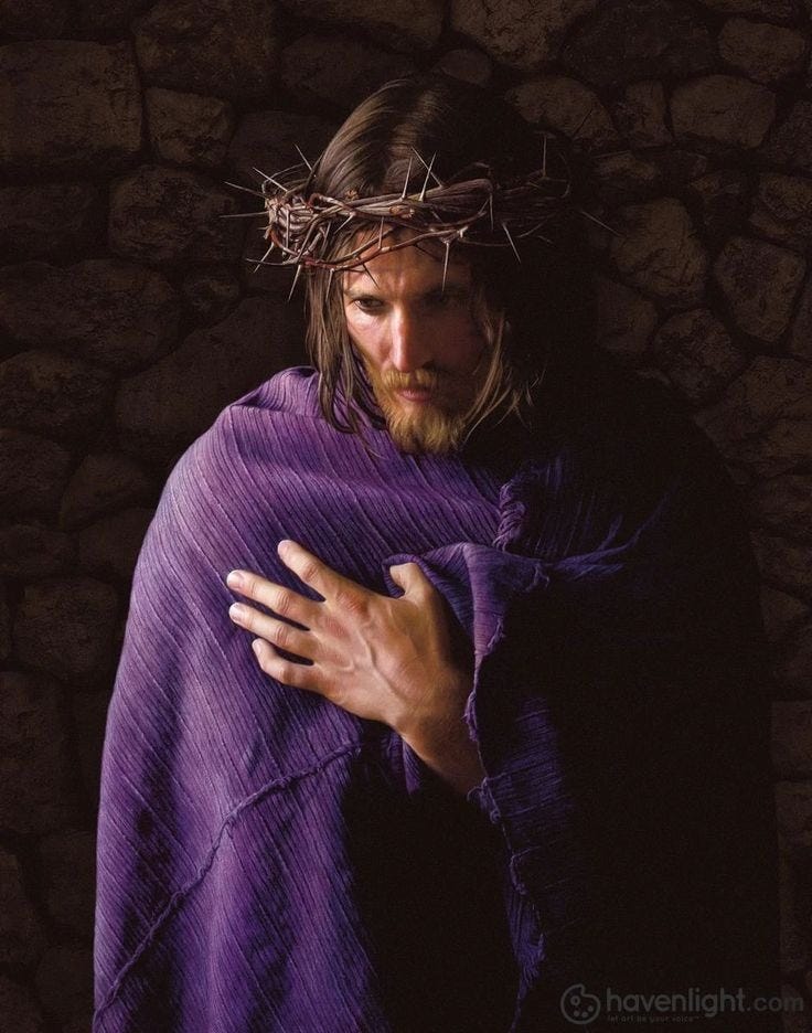 behold the man by chris young jesus christ with crown of thorns purple robe  stone wall in background