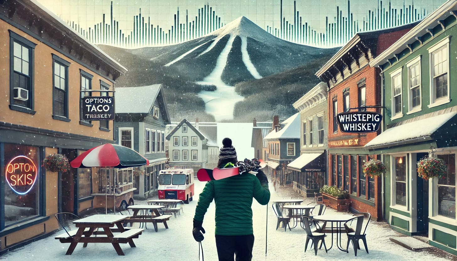 A skier walking through a village square toward a beautiful Vermont mountain, carrying a single pair of skis properly over one shoulder. The bindings rest on the shoulder, the tips point forward and downward, and the tails are high in the air. The village square has a cozy taco stand and a rustic WhistlePig Whiskey tavern. The perspective is from behind the skier, showing the lively village leading into the spectacular snowy mountain backdrop. Overlaid in the sky are subtle financial charts representing options and volatility investing, blending seamlessly with the scene.