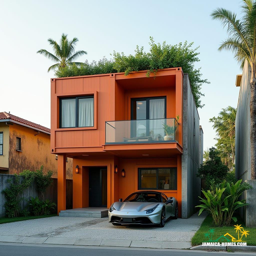 A creative Jamaican townhouse in Kingston made from stacked shipping containers and concrete blocks, bold geometric forms, large square windows, and flat roof with rooftop spa. Industrial chic detailing, rooftop garden.