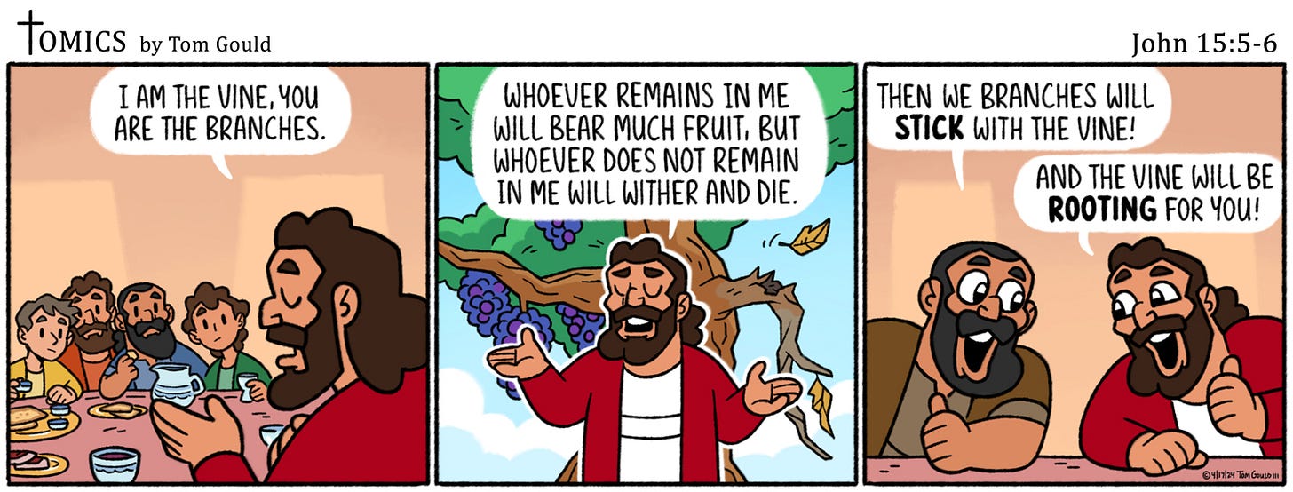 May be an image of text that says 'TOMICS by Tom Gould I AM THE VINE, 4oИ ARE THE BRANCHES. WHOEVER REMAINS N ME WILL BEAR MИCH FRUIT, BUT WHOEVER DOES NOT REMAIN IN ME WILL WITHER AND DIE. John 15:5-6 THEN WE BRANCHES WILL STICK ωΤΗ THE VINE! AND THE VINE WILL BE ROOTING FOR YOU! 세케기거 TÜMONILHR'