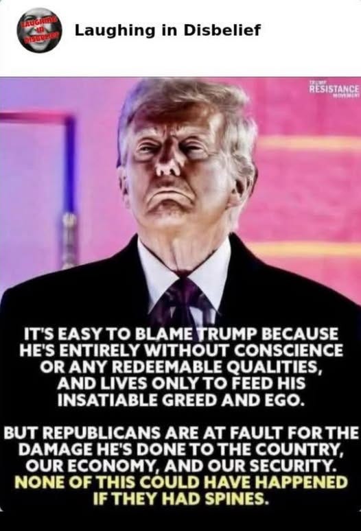 May be an image of 1 person and text that says 'RAUGHIE AUG PISBRNA Laughing in Disbelief RESISTANCE MOVEMEX IT'S EASY to BLAME TRUMP BECAUSE HE'S ENTIRELY WITHOUT CONSCIENCE OR ANY REDEEMABLE QUALITIES, AND LIVES ONLY to FEED HIS INSATIABLE GREED AND EGO. BUT REPUBLICANS ARE AT FAULT FOR THE DAMAGE HE'S DONE to THE COUNTRY, OUR ECONOMY, AND OUR SECURITY. NONE OF THIS COULD HAVE HAPPENED IF Y HAD SPINES.'