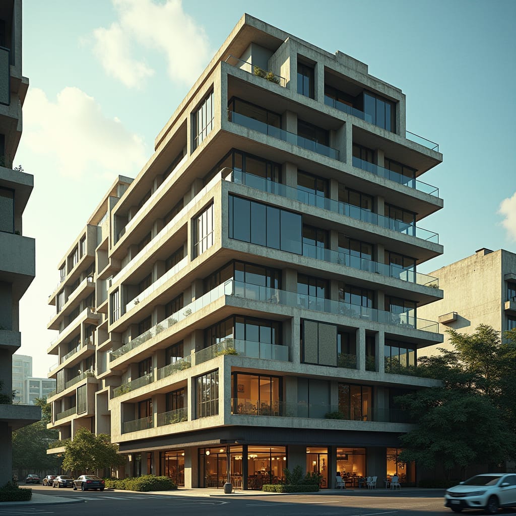 0 bedroom modern jamaican apartment block, lots of rectangle protruding windows, multi level large openings, bold looking in city area shops below in kingston jamaica