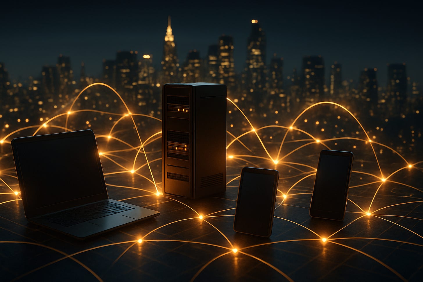 Laptop, server, and phones connected by glowing data lines against a city skyline at night. Laptop, server, and phones connected by glowing data lines against a city skyline at night.