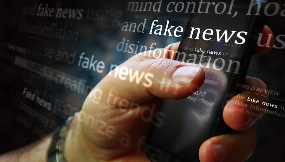 Hand holding a cell phone. The words "fake news" and "disinformation" are floating behind it.