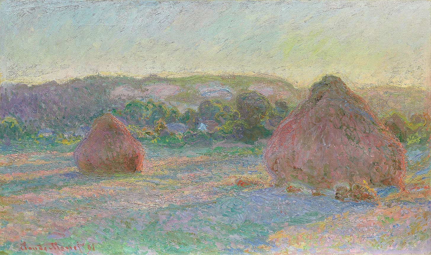 One of Claude Monet's Haystacks paintings showing a grain stack glowing in soft morning light One of Claude Monet's Haystacks paintings showing a grain stack glowing in soft morning light