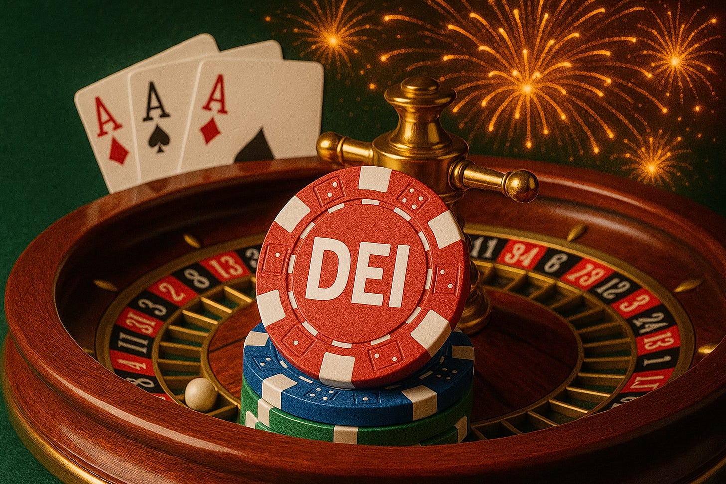 a roulette wheel and poker cards with a poker chip that has the letters "DEI" on it