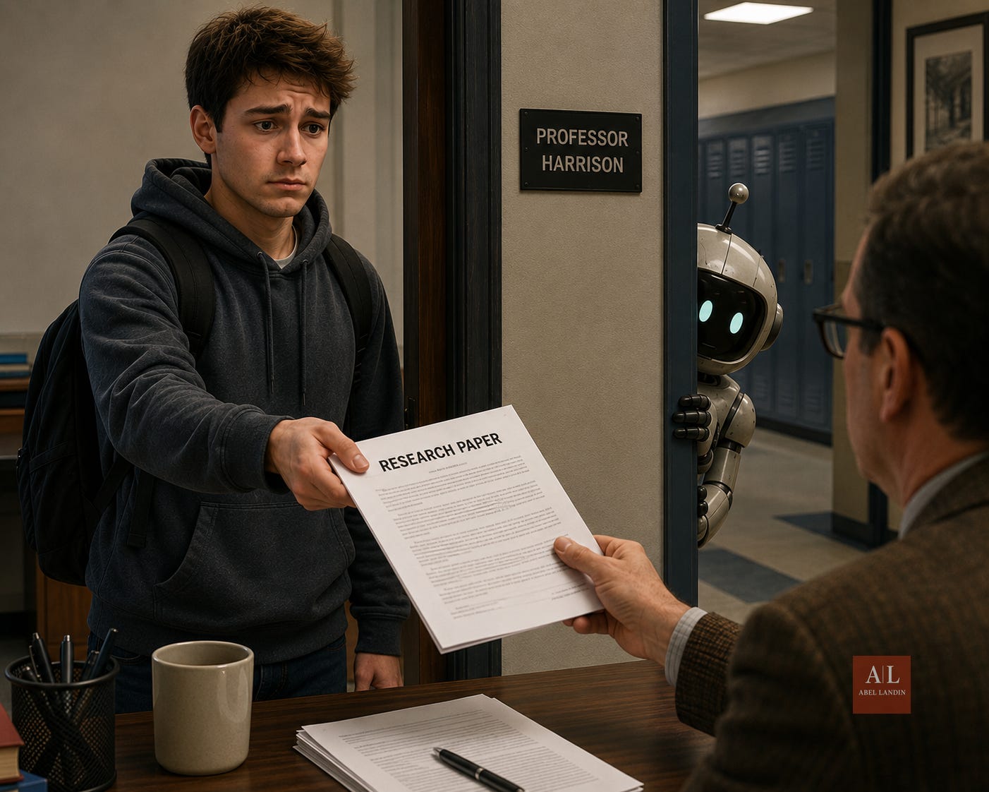 A college student nervously hands a research paper to his professor while a small AI robot secretly peeks around the doorway behind him.