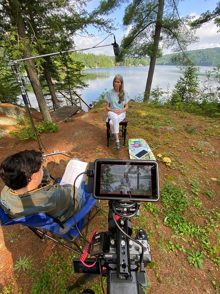 Left: Samantha from Val-des-Monts interviewing a volunteer on camera. Right: Nik from Water Rangers steering the canoe while I film a volunteer in her kayak.