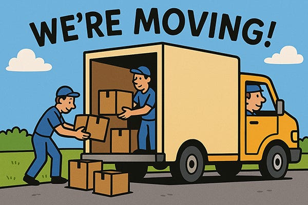 cartoon of a moving van that reads We're Moving