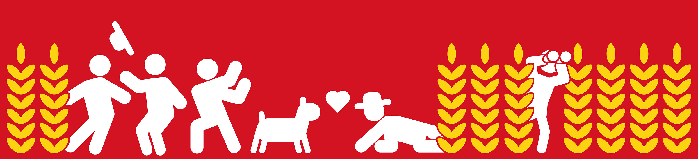 Pictogram style illustration of four people and a dog playing in a wheat field.