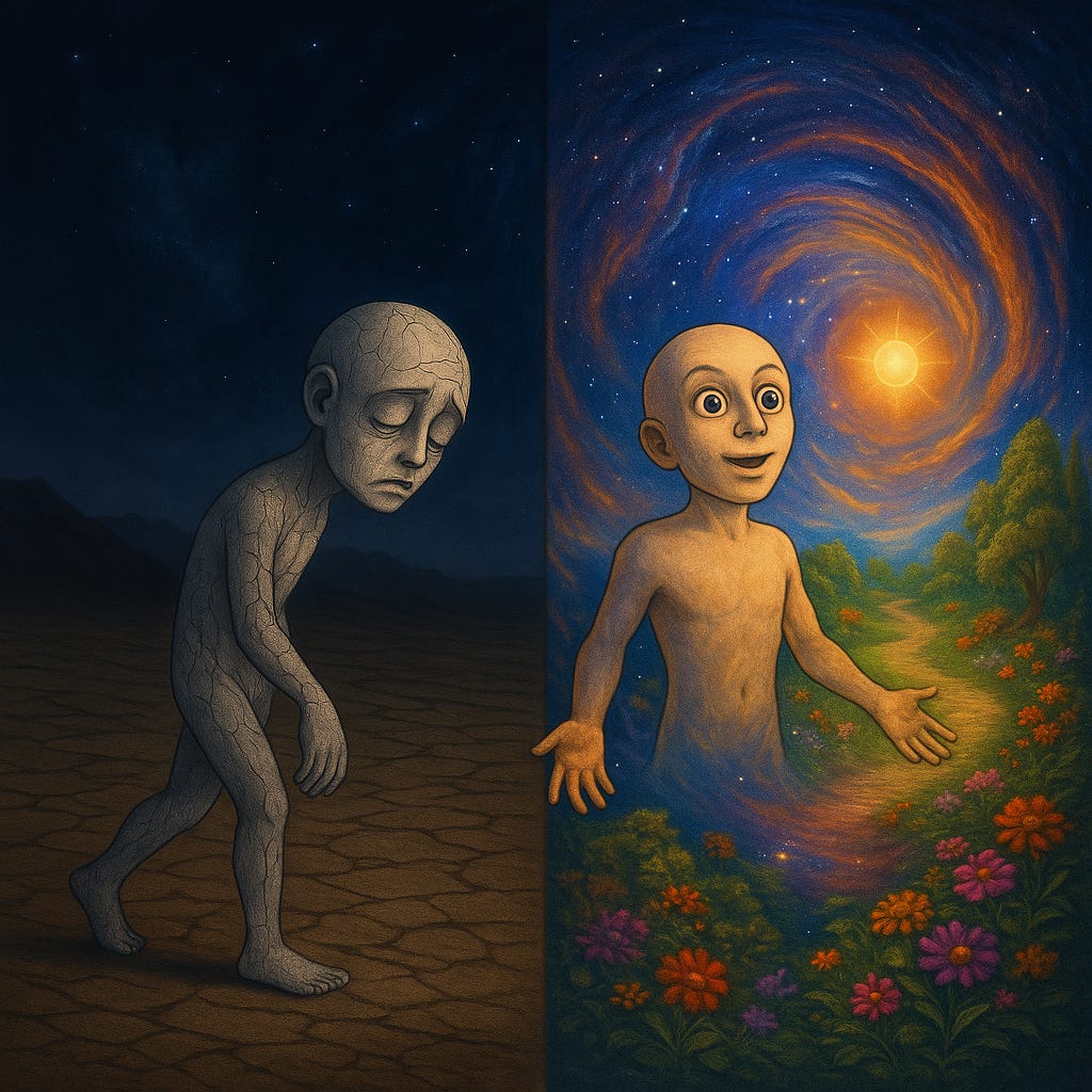 Diptych illustration. Left: a grey, cracked figure trudges across dry ground under a dark sky, head down. Right: a bright, smooth figure stands open-armed in a lush scene—spiral sky, glowing sun, flowers, and a winding path—radiating life and colourr.