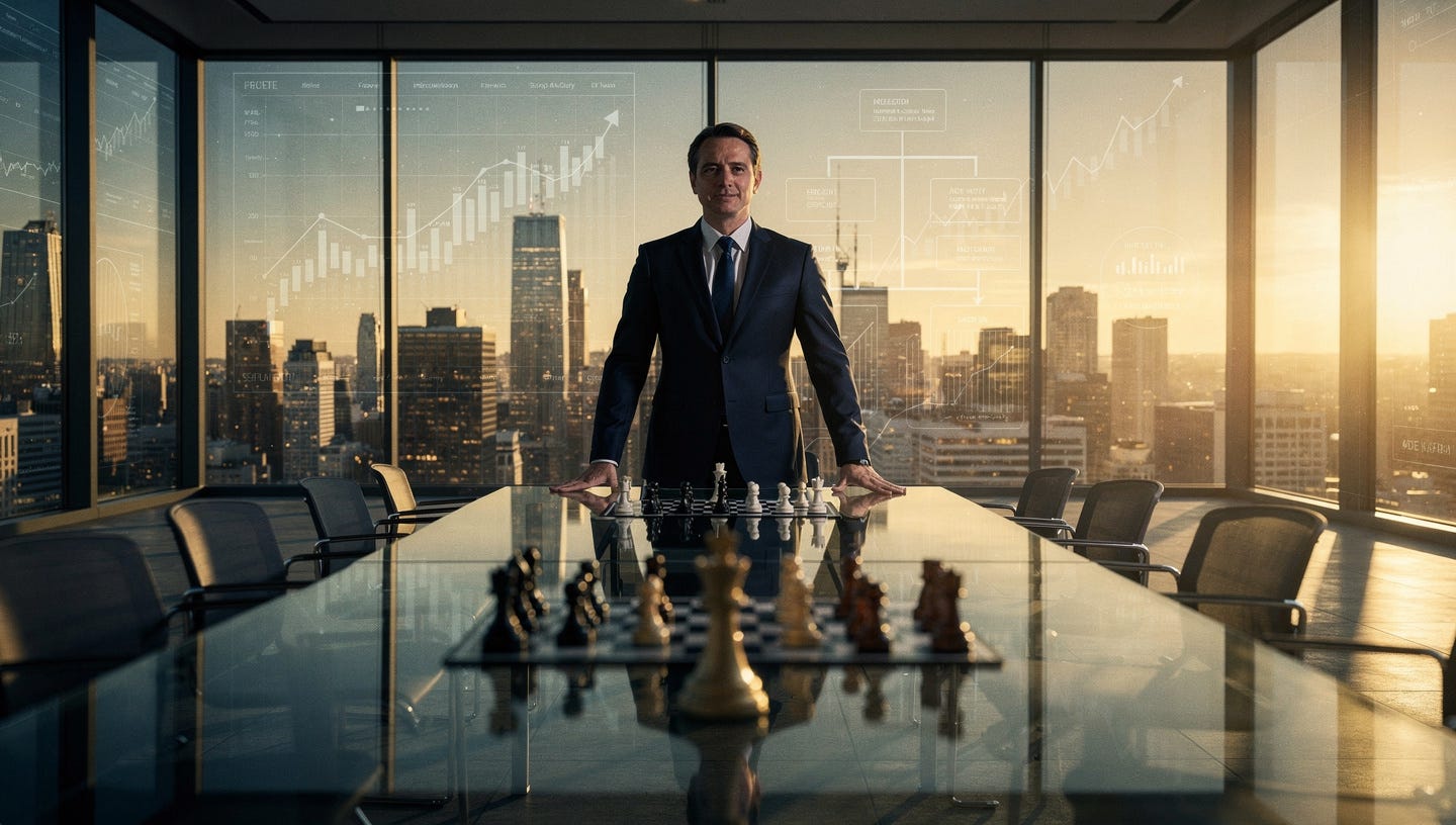 A photorealistic editorial header image for a finance blog. A confident businessman in a tailored dark suit stands at the center of a vast, modern boardroom with floor-to-ceiling glass windows overlooking a city skyline at golden hour. On the glass, faint reflections of upward-trending charts and organizational hierarchy diagrams. On the table in front of him, chess pieces arranged strategically — a king piece prominently in the foreground, slightly out of focus. The lighting is warm and dramatic, side-lit with long shadows. The mood is powerful, strategic, and intellectual. Cinematic composition, shallow depth of field, shot on a 85mm lens. Color palette: deep navy, warm gold, and charcoal grey. No text. 16:9 aspect ratio, ultra-realistic, 8K. A photorealistic editorial header image for a finance blog. A confident businessman in a tailored dark suit stands at the center of a vast, modern boardroom with floor-to-ceiling glass windows overlooking a city skyline at golden hour. On the glass, faint reflections of upward-trending charts and organizational hierarchy diagrams. On the table in front of him, chess pieces arranged strategically — a king piece prominently in the foreground, slightly out of focus. The lighting is warm and dramatic, side-lit with long shadows. The mood is powerful, strategic, and intellectual. Cinematic composition, shallow depth of field, shot on a 85mm lens. Color palette: deep navy, warm gold, and charcoal grey. No text. 16:9 aspect ratio, ultra-realistic, 8K.