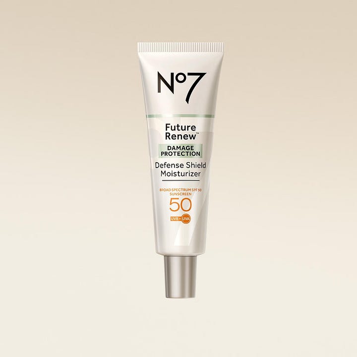 Side-by-side product tubes of No7 Prime Forever Skin Preservation SPF 50 in a blue tube and No7 Future Renew Damage Protection SPF 50 in a white tube.