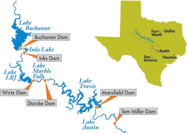 Map of lakes and dams that supply water to Austin.