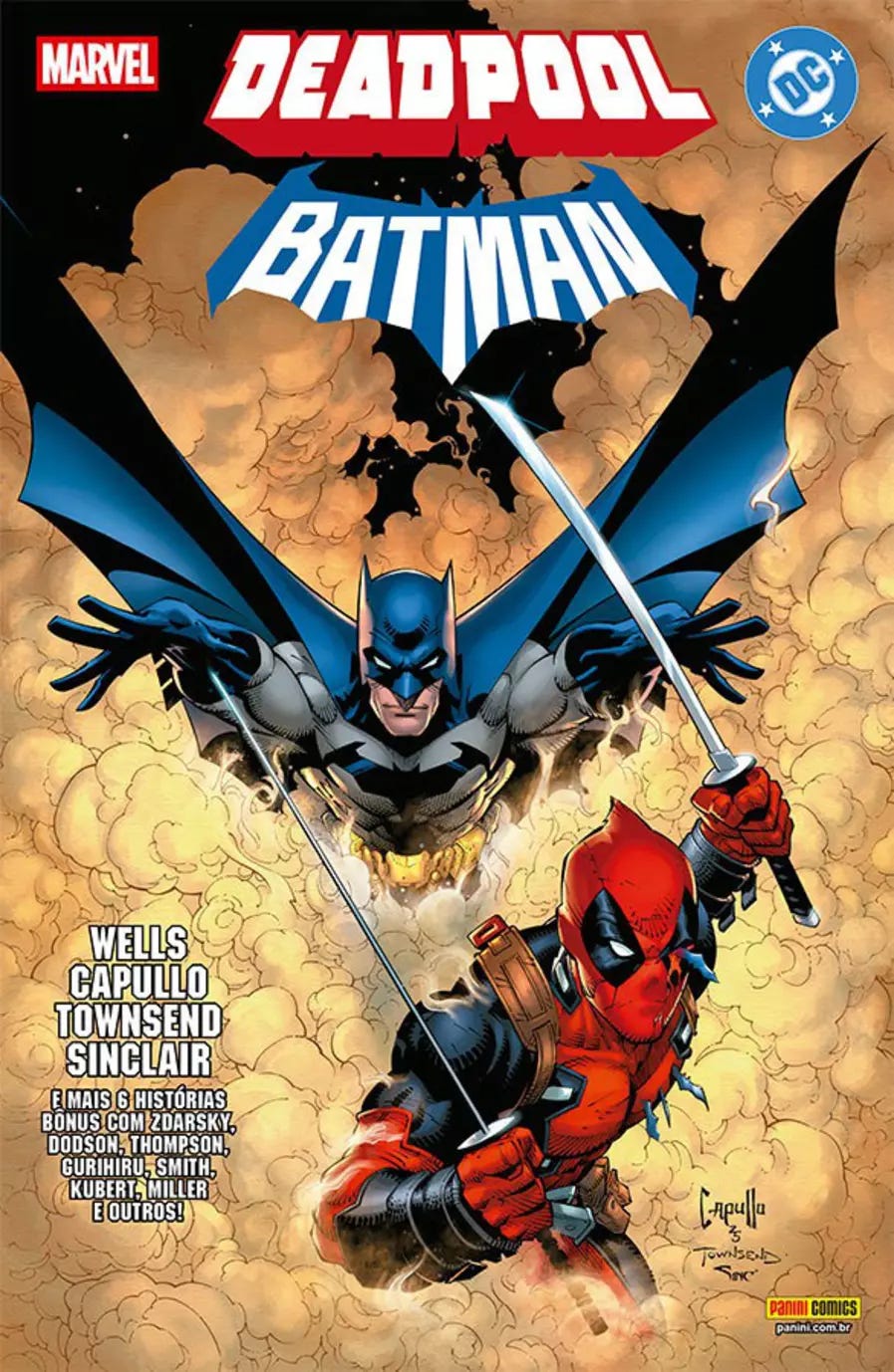 A arte da capa, feita por Greg Capullo, mostra um encontro dinâmico entre os dois personagens: Batman: Aparece na parte superior, saltando com sua capa aberta, lembrando a silhueta de um morcego. Deadpool: Está na parte inferior, em uma pose de ação, segurando suas katanas. Logotipos: No topo, vemos os logos da Marvel e da DC Comics, com os nomes "Deadpool" e "Batman" em destaque.