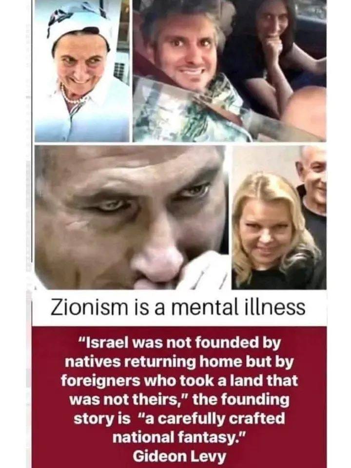 May be an image of text that says 'Zionism is a mental illness "Israel was not founded by natives returning home but by foreigners who took a land that was not theirs," the founding story is "a carefully crafted national fantasy." Gideon Levy'