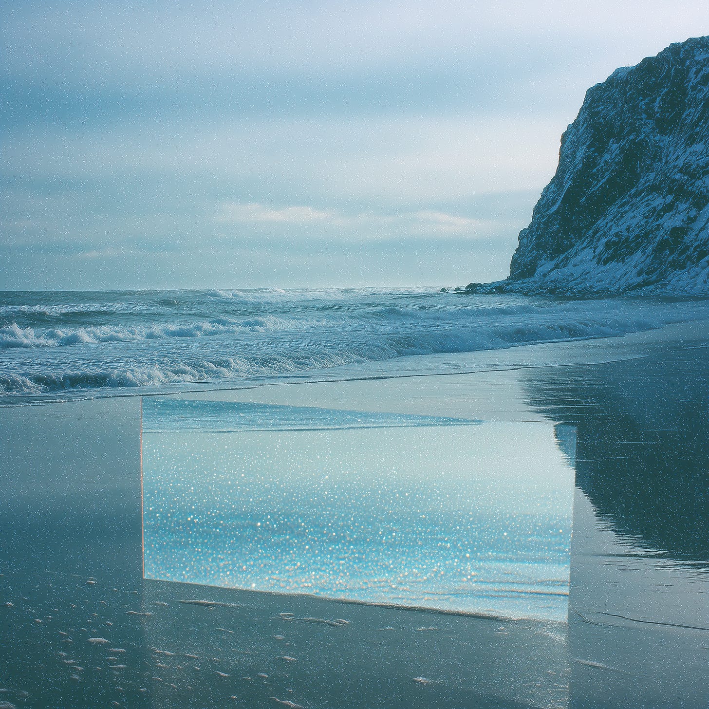 A moody seascape featuring a dramatic rocky cliff rising from the ocean on the right side. Waves roll onto a dark sandy beach under an overcast sky with soft blue and gray tones. The wet sand reflects the sky and waves. In the center of the image is a superimposed rectangular section showing sparkling blue water with golden light reflections, creating an artistic contrast with the cooler, more subdued natural scene surrounding it.