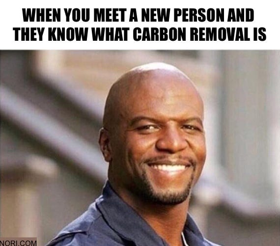Text: "When you meet a new person and they know what carbon removal is." Below, Terry Crews smiling broadly.