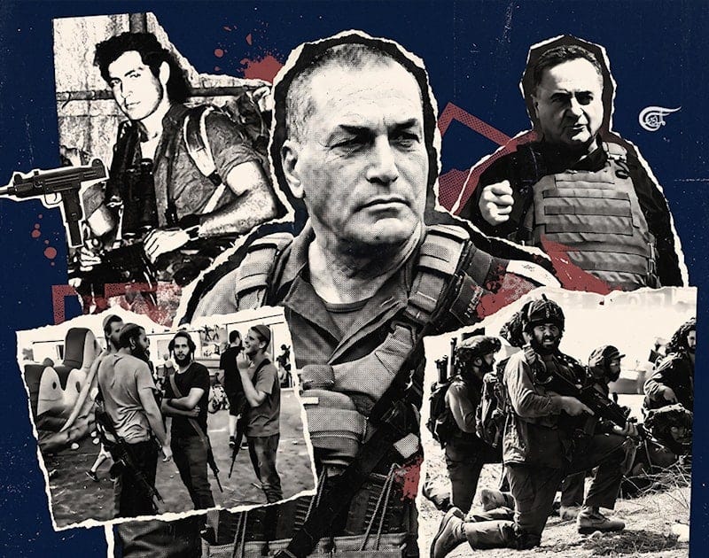 Image of a young Benjamin Netanyahu (top-left), IOF chief Eyal Zamir (center), Minister of War Israel Katz (top-right), and images of armed settlers and IOF personnel. (Zeinab el-Hajj / Al Mayadeen English) Image of a young Benjamin Netanyahu (top-left), IOF chief Eyal Zamir (center), Minister of War Israel Katz (top-right), and images of armed settlers and IOF personnel. (Zeinab el-Hajj / Al Mayadeen English)