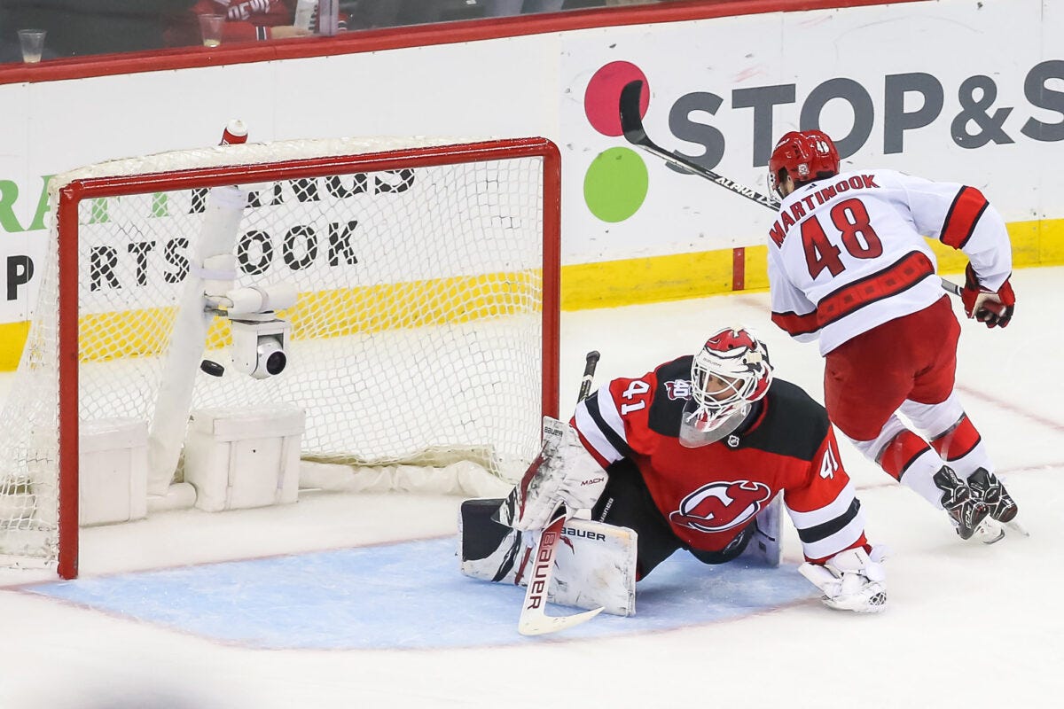 Jordan Martinook Carolina Hurricanes Vitek Vanecek New Jersey Devils Jordan Martinook Carolina Hurricanes Vitek Vanecek New Jersey Devils