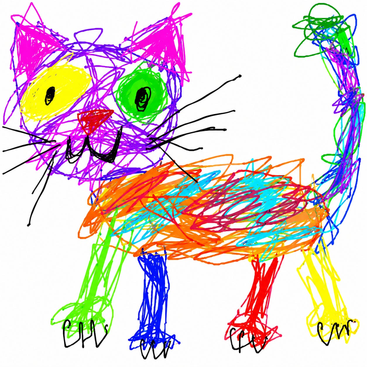 An extremely poorly drawn picture of a cat; the colors are horrendous and none of the strokes are within the lines An extremely poorly drawn picture of a cat; the colors are horrendous and none of the strokes are within the lines