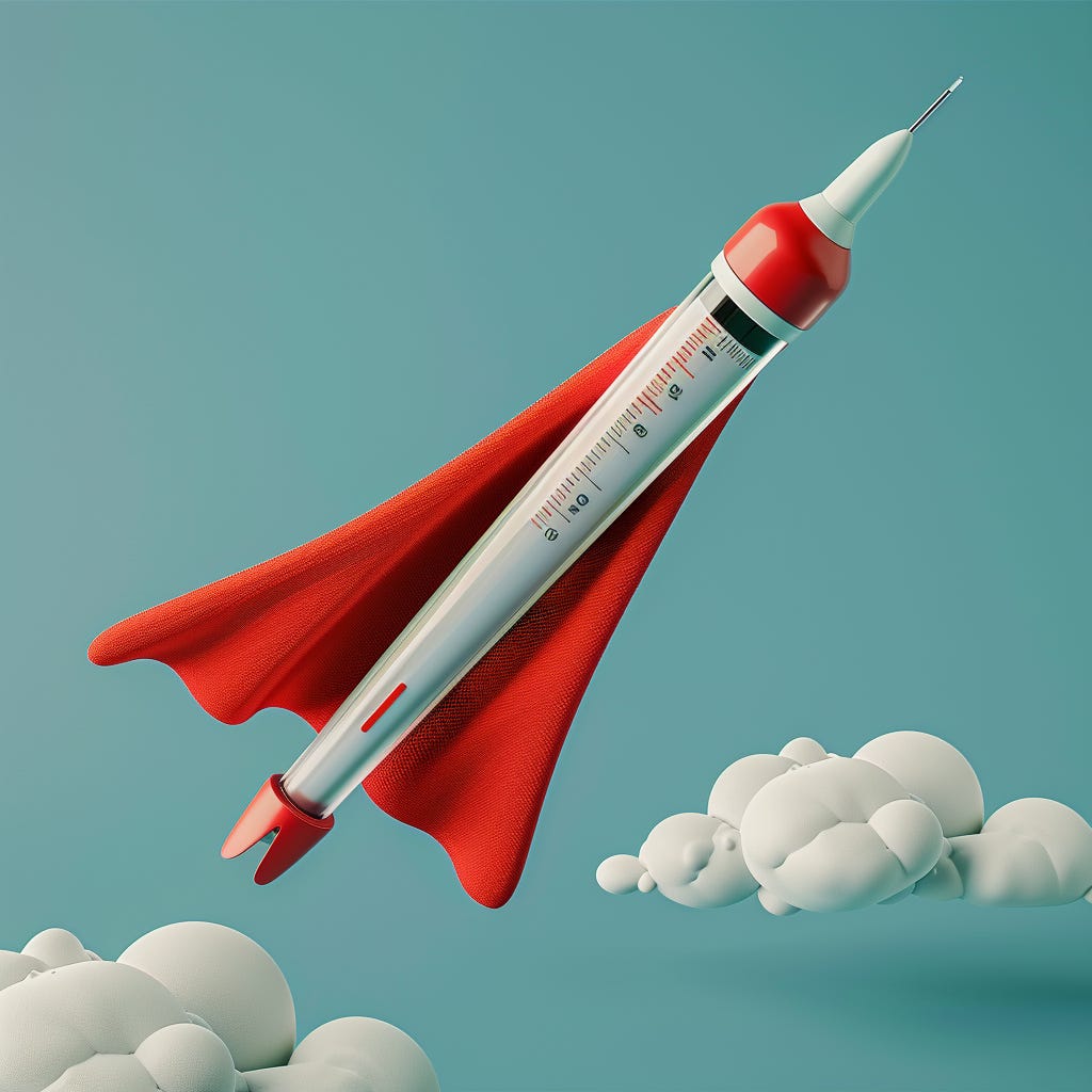 Thermometer dressed as a superhero with a cape, flying through the air ready to check temperatures.
