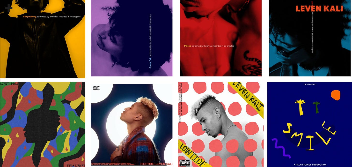 a screenshot of Leven Kali's website featuring his album and singles artwork