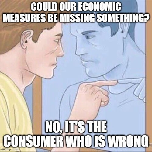 Man pointing in a mirror asking, "Could our economic measures be missing something? No, it's the consumer who is wrong."