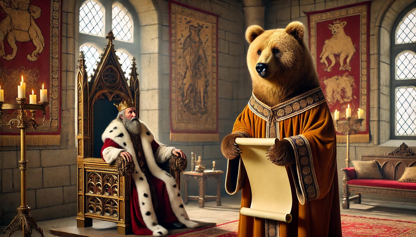 A friendly Grizzly bear dressed as a medieval advisor, wearing a robe and holding a scroll, interceding before a throne. The throne room is grand, with stone walls, tapestries, and a majestic throne. The bear stands respectfully, with a gentle expression, addressing a regal figure seated on the throne. The atmosphere is warm and welcoming, reflecting a scene of diplomacy and counsel.
