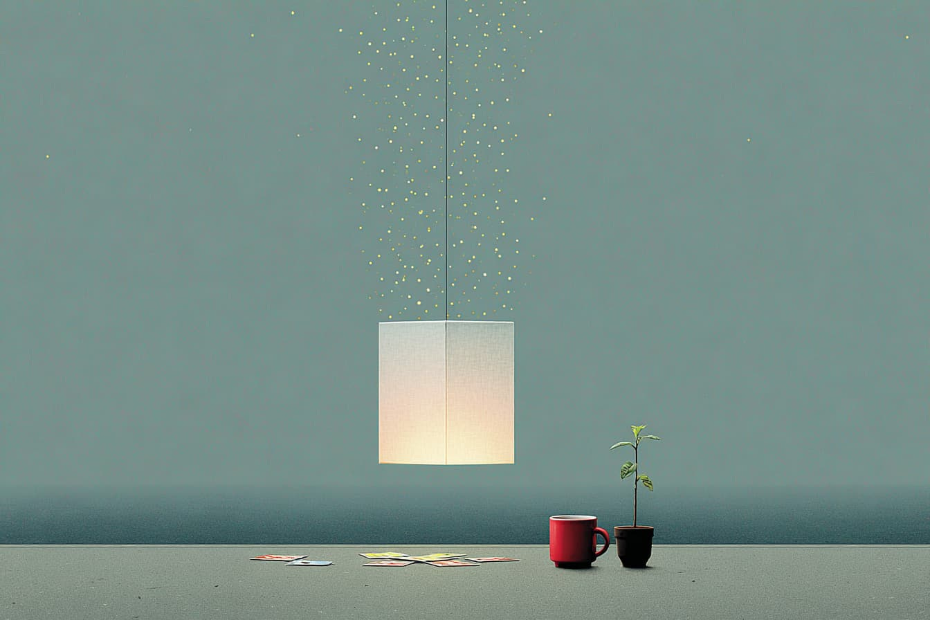 A glowing lantern above fading business cards, mug, and small plant