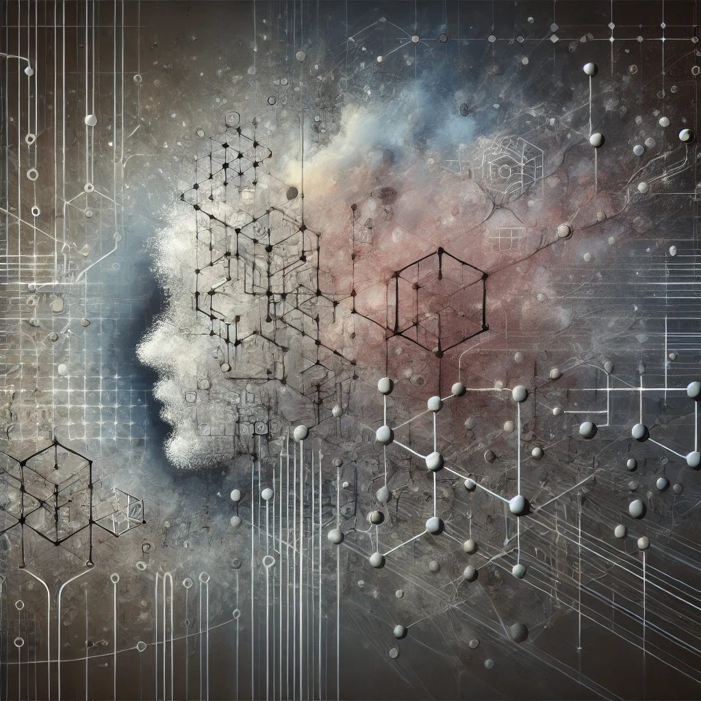 A digital abstract artwork depicting a fractured and chaotic structure symbolising the failure of systems leadership. The image features disjointed architectural forms, tangled networks, and fragmented pathways that appear to collapse under their own weight. Lines and grids intersect unpredictably, with elements breaking apart, creating a sense of instability and disarray. The composition suggests an unraveling system, where attempts at control and structure have led to disorder and collapse. The colour palette is subdued, with shades of grey, brown, and dark blue, evoking a contemplative and sombre mood.