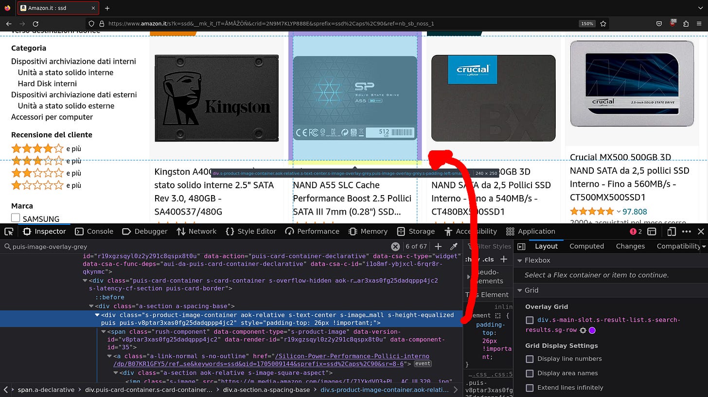 Developer console opened to show the div element corresponding to the second displayed product