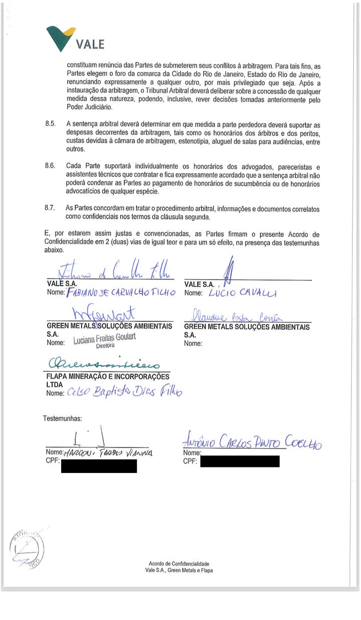 DOCUMENTO INÉDITO — Acordo de Confidencialidade celebrado em 20 de julho de 2017 entre VALE S.A. (como “Parte Reveladora”), GREEN METALS SOLUÇÕES AMBIENTAIS S.A. e FLAPA MINERAÇÃO E INCORPORAÇÕES LTDA. (como “Partes Receptoras”). Objeto: “estéril de formação ferrífera de Jangada e Feijão”. Signatário pela Vale: Lúcio Cavalli. Signatária pela Green Metals: Luciana Freitas Goulart. Documento omitido pela Vale durante a CPI de Brumadinho da ALMG. Divulgado aqui pela primeira vez.