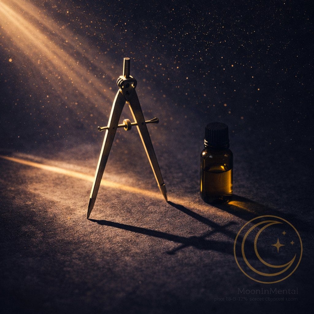 MoonInMental aromatherapy image for Mercury conjunct Saturn Aries week April 2026. Drafting compass and amber oil bottle on dark stone representing precision, accountability, and nervous system support.