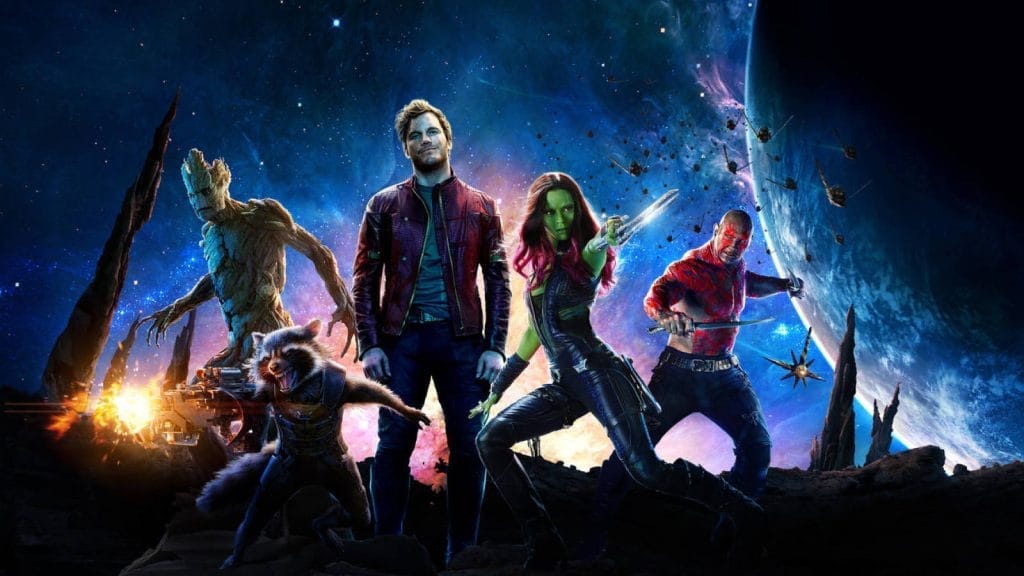 The five main characters of Guardians of the Galaxy standing together. The five main characters of Guardians of the Galaxy standing together.