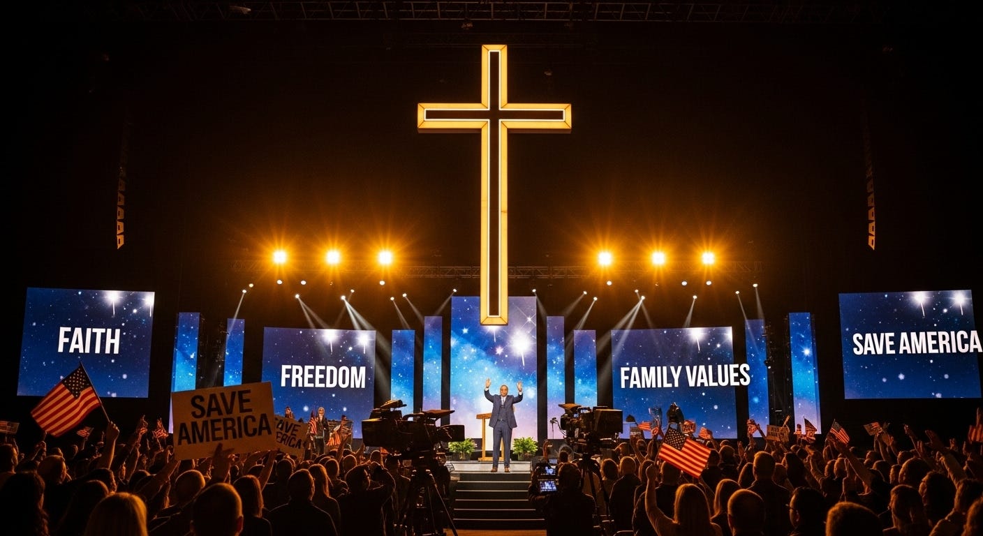 A preacher on a brightly lit stage resembling a political rally, surrounded by American flags and “Save America” signs, symbolizing the fusion of religion, politics, and profit.