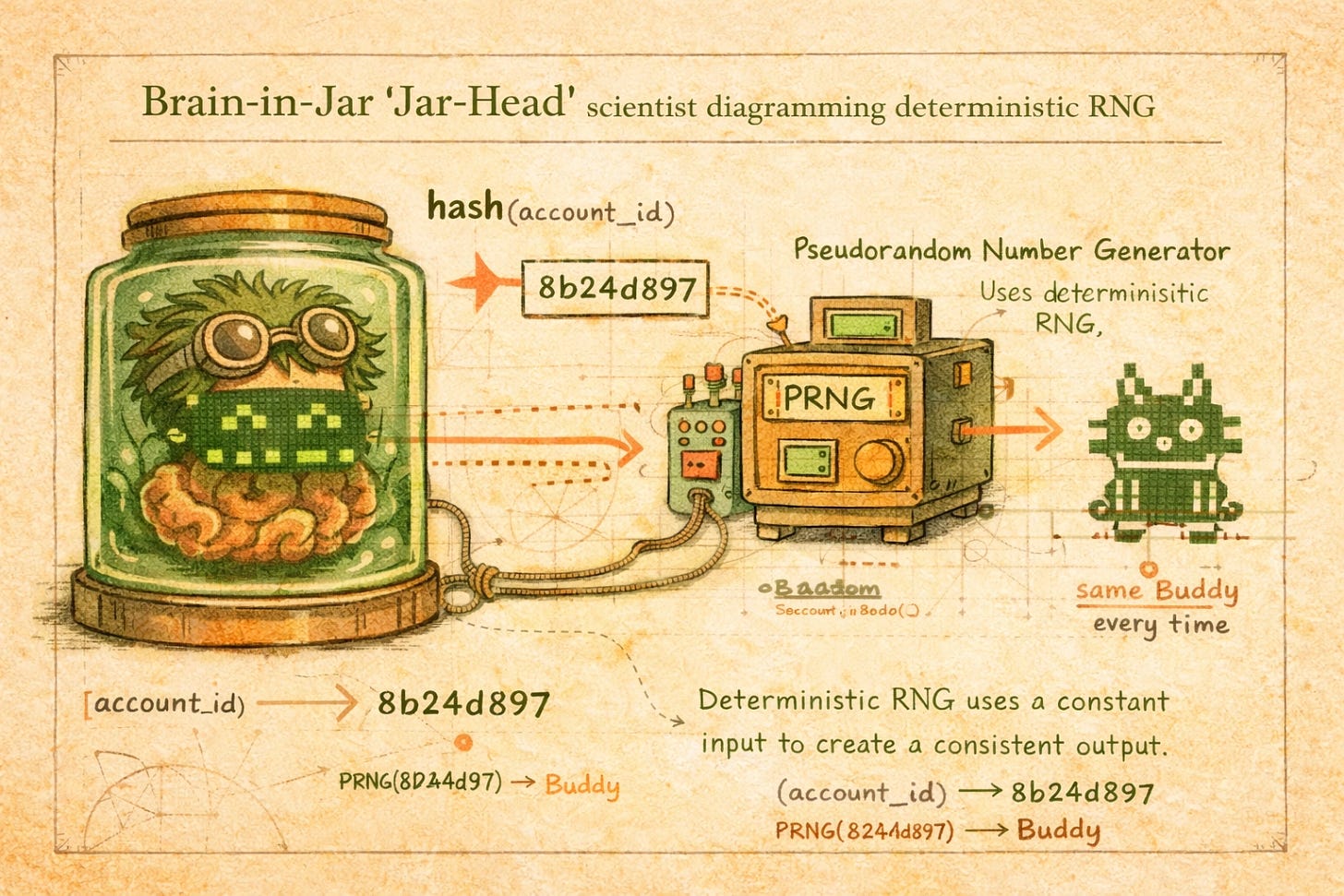 Loose watercolor technical illustration of the Jar-Head character diagramming deterministic Buddy RNG from account hash to repeatable output.