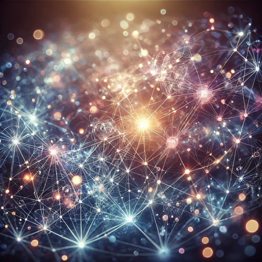An abstract digital artwork depicting a web of glowing interconnected nodes connected by delicate, luminous lines. The network has a futuristic and ethereal appearance, with deep blues, purples, and hints of gold. The nodes emit a soft glow, symbolizing information flow and interdependencies within a complex system