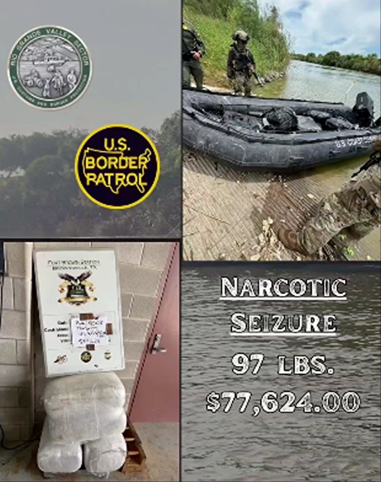 Rio Grande Valley (Texas) Sector Border Patrol Agents intercepted an almost $78k load of pot as cartel smugglers floated it into Texas. Rio Grande Valley (Texas) Sector Border Patrol Agents intercepted an almost $78k load of pot as cartel smugglers floated it into Texas.