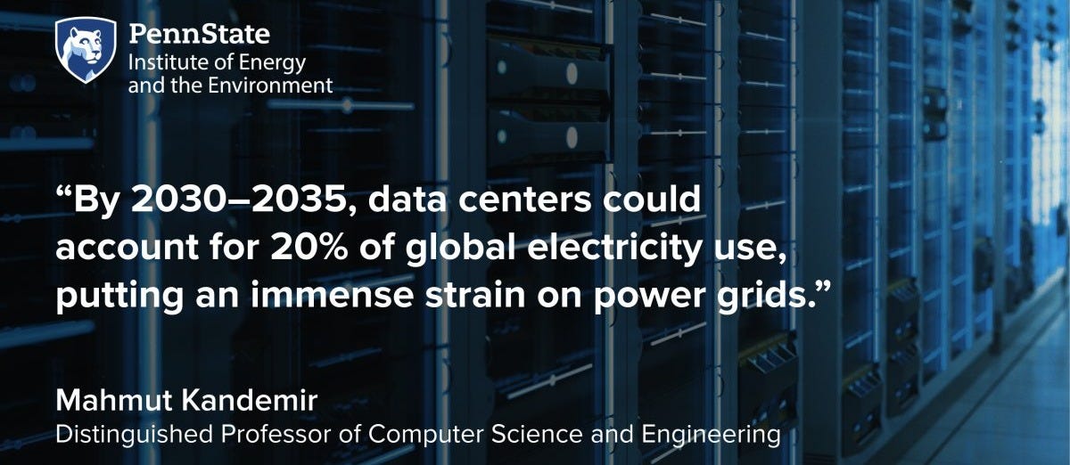 Quote overlaid on an image of a data center: “By 2030–2035, data centers could account for 20% of global electricity use, putting an immense strain on power grids.” Attributed to Mahmut Kandemir, Distinguished Professor of Computer Science and Engineering. Quote overlaid on an image of a data center: “By 2030–2035, data centers could account for 20% of global electricity use, putting an immense strain on power grids.” Attributed to Mahmut Kandemir, Distinguished Professor of Computer Science and Engineering.