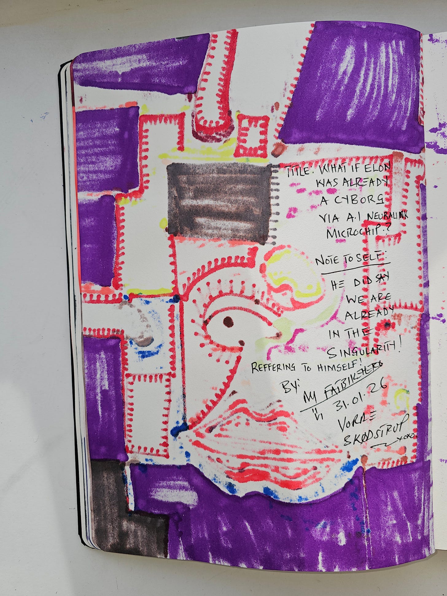 Human-made mixed-media artwork by FatbikeHero depicting a stitched, modular face critiquing AI futurism and techno-mythology, with purple panels and red seams. Human-made mixed-media artwork by FatbikeHero depicting a stitched, modular face critiquing AI futurism and techno-mythology, with purple panels and red seams.
